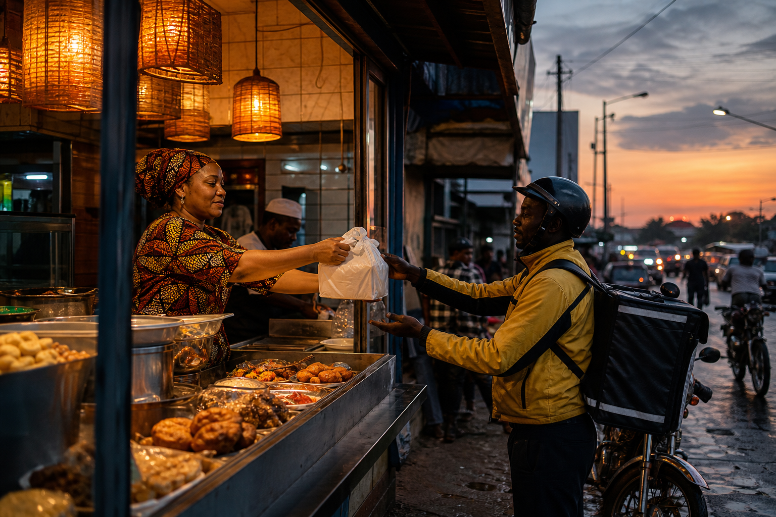 Vendor handing an order to a Sendo courier at dusk